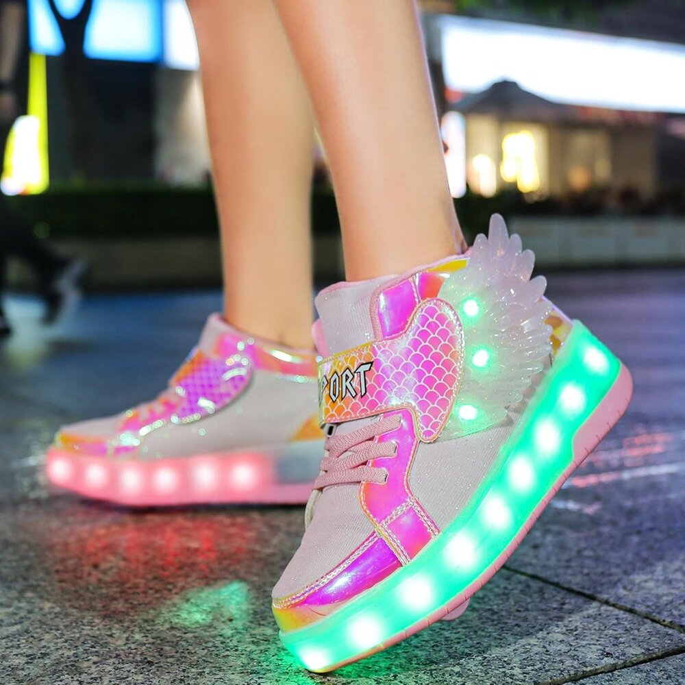 Kid's Girls Pink USB Chargable LED Lighting Roller Wheeled Skate Sneaker Shoes - Picture 7 of 7